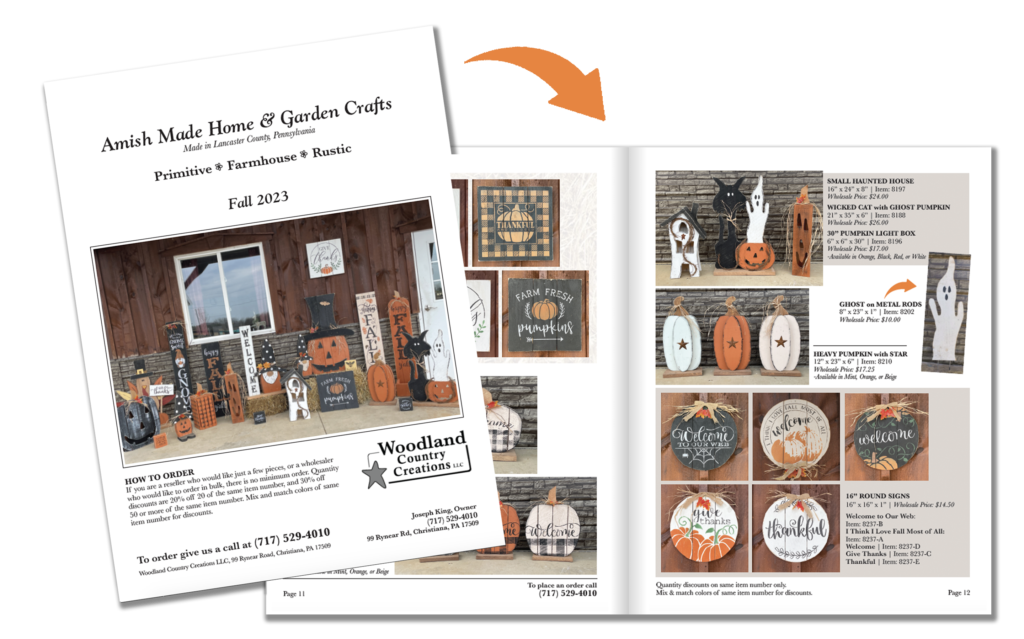 Woodland Country Creations - Amish Wholesale Crafts and Decor - Fall Catalog - Thanksgiving and Halloween Signs, Autumn, Fall Gnomes, Pumpkins, Ghosts, Scarecrows, Turkeys, Haunted House Crafts, Spooky Cats, Lancaster County PA Craft Manufacturers