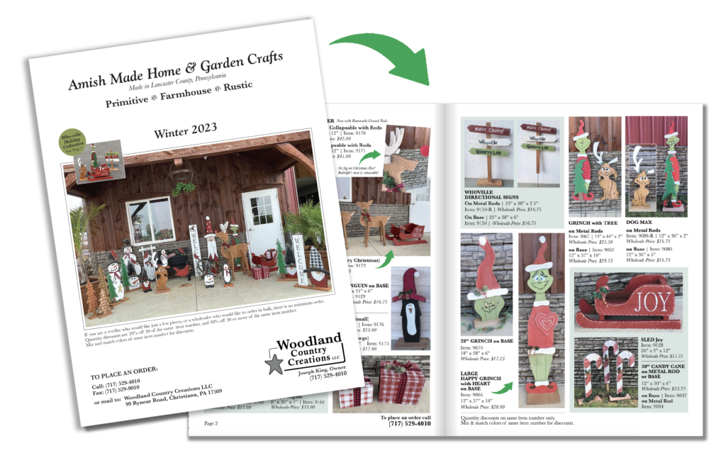 Woodland Country Creations - Amish Wholesale Crafts and Decor - Winter Catalog - Christmas Signs, Winter Rustic Decor, Wood Snowflakes, Santa Gnomes, Yard Reindeer, Rudolph, Grinch, Who-ville Yard Signs, Penguins, Candy Canes, Sleds, Gifts Lancaster County PA Craft Manufacturers